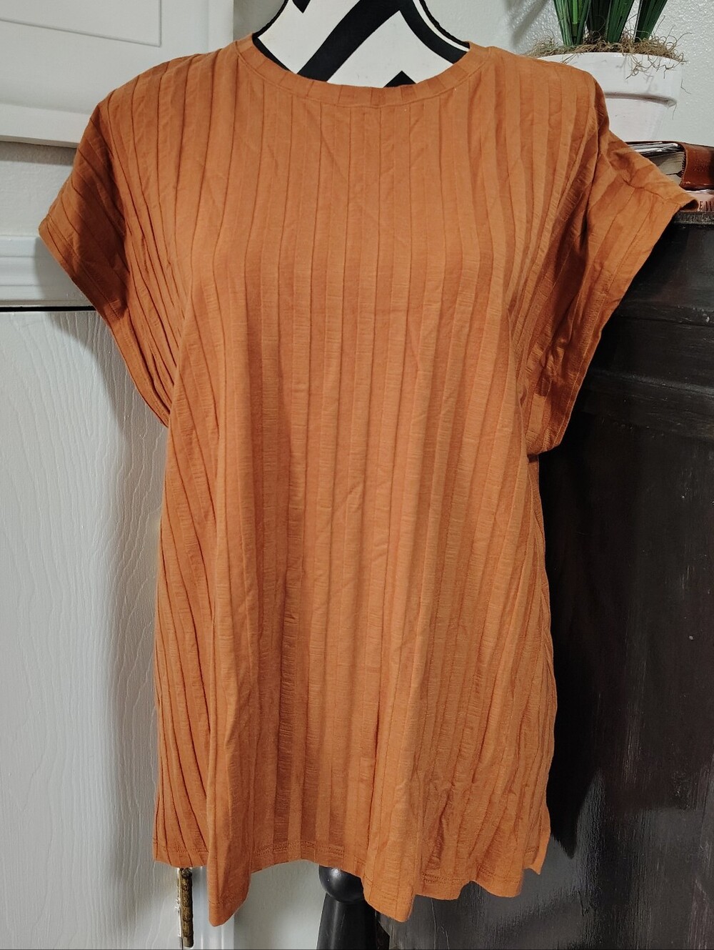 EILEEN FISHER Textured Stretch Ribbed Crewneck Top Rust Women's XL Quiet Luxury